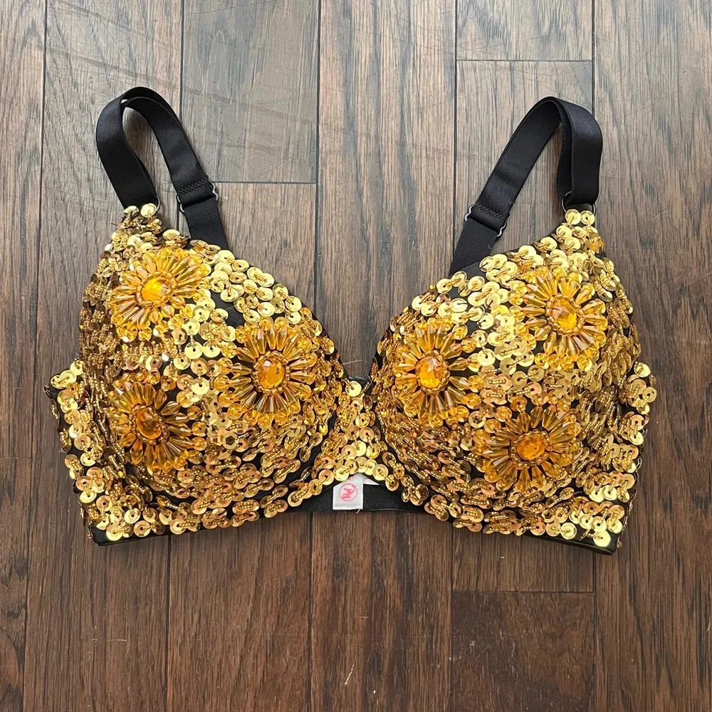 RAVE WONDERLAND Gold and Black Sequin Bra L/XL Selena costume - Picture 1 of 6